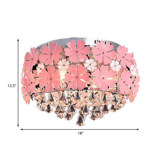 Modern Crystal Drop Led Drum Ceiling Light Fixture With Pink Flower Decoration 18’/21.5’ Wide