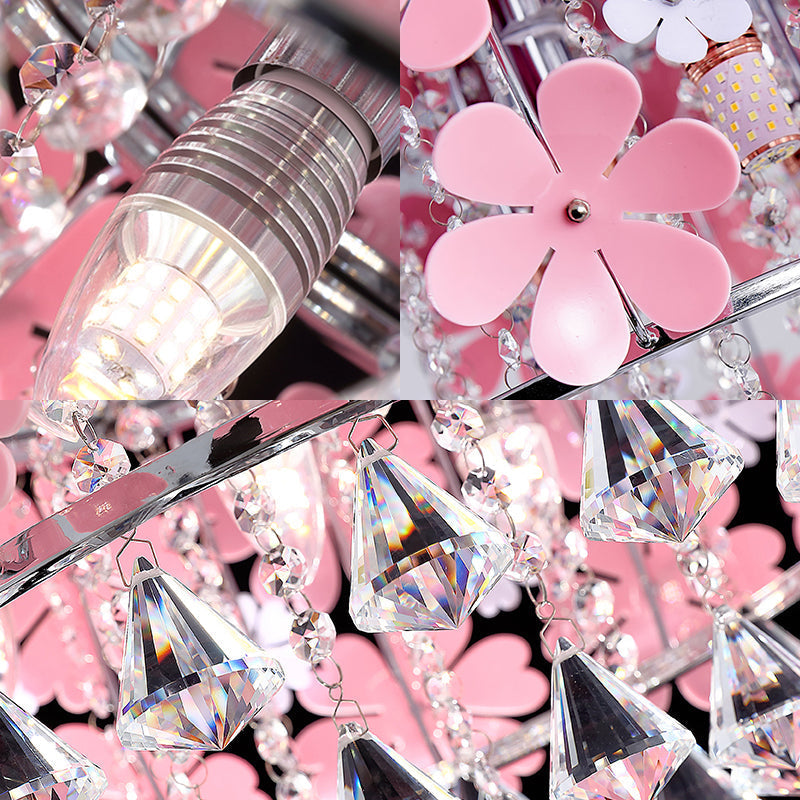 Modern Crystal Drop Led Drum Ceiling Light Fixture With Pink Flower Decoration 18’/21.5’ Wide