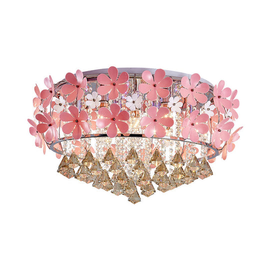 Modern Crystal Drop Led Drum Ceiling Light Fixture With Pink Flower Decoration 18’/21.5’ Wide
