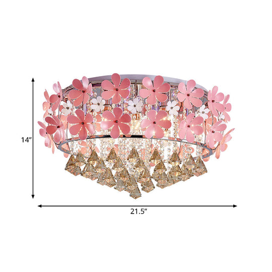 Modern Crystal Drop Led Drum Ceiling Light Fixture With Pink Flower Decoration 18’/21.5’ Wide
