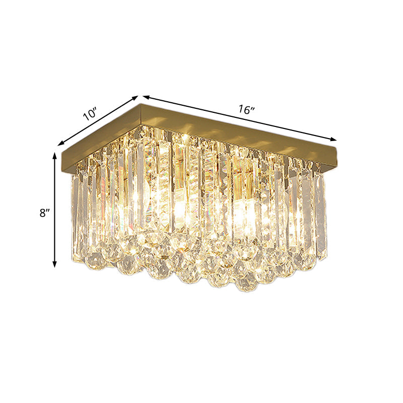 Modern Gold Flush Mount Light With Crystal Block Shade - 2 Lights Rectangle Ceiling Design