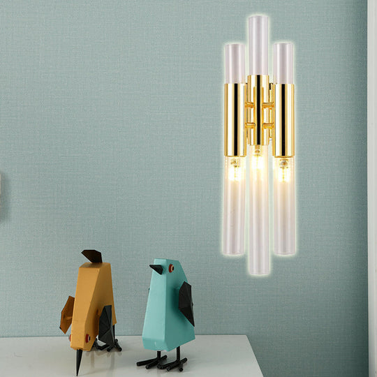 Modern Crystal Brass Flute Wall Mount Sconce Light Fixture For Living Room - 3 Lights