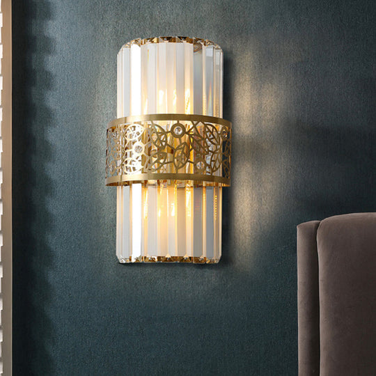 Modern Crystal Rectangle Wall Light With Brass Hollow Belt - 2 Lights Study Room Sconce