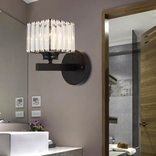 Postmodern Crystal Block Wall Sconce With Brass/Black Backplate For Bedroom