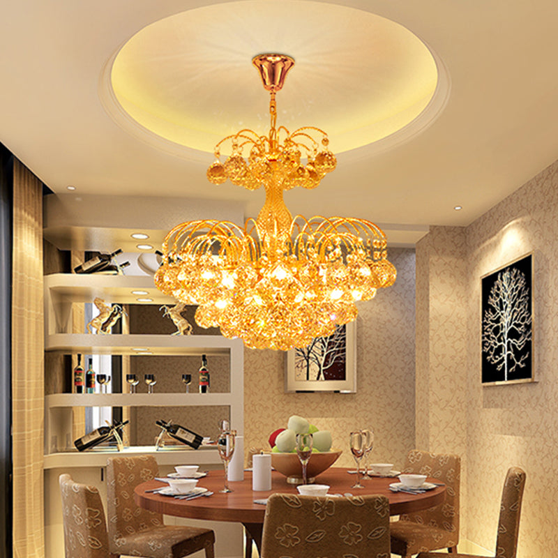 Contemporary 8-Light Chrome/Gold Cascade Chandelier With Crystal Ball Shade 16’/19.5’ Wide