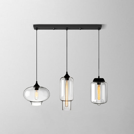 Clear Glass Industrial Shaded Multi-Light Pendant: 3-Bulb Hanging Lighting For Dining Room / N