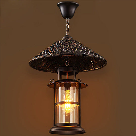 Retro Suspension Lighting: Single Straw Hat Metal Pendant Light With Glass Shade For Restaurants