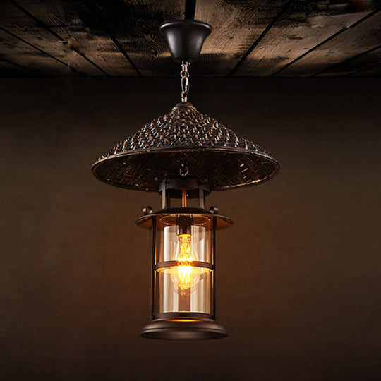 Retro Suspension Lighting: Single Straw Hat Metal Pendant Light With Glass Shade For Restaurants