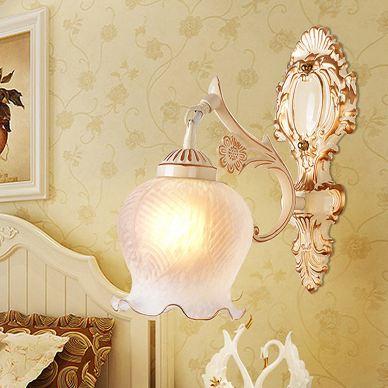 Classic White Wall Light With Single-Bulb & Frosted Glass Flower Shade / F