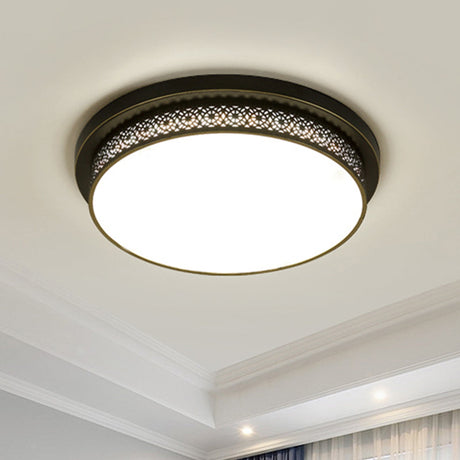 Black Round Led Flush Light - Rustic Acrylic Living Room Ceiling Fixture With Filigree Design /