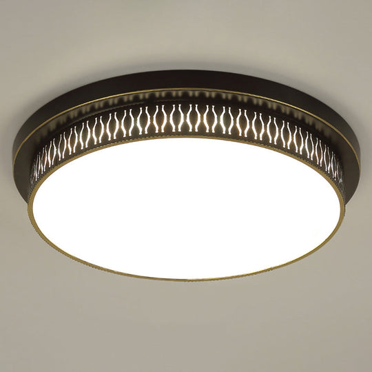Black Round Led Flush Light - Rustic Acrylic Living Room Ceiling Fixture With Filigree Design / 18 C