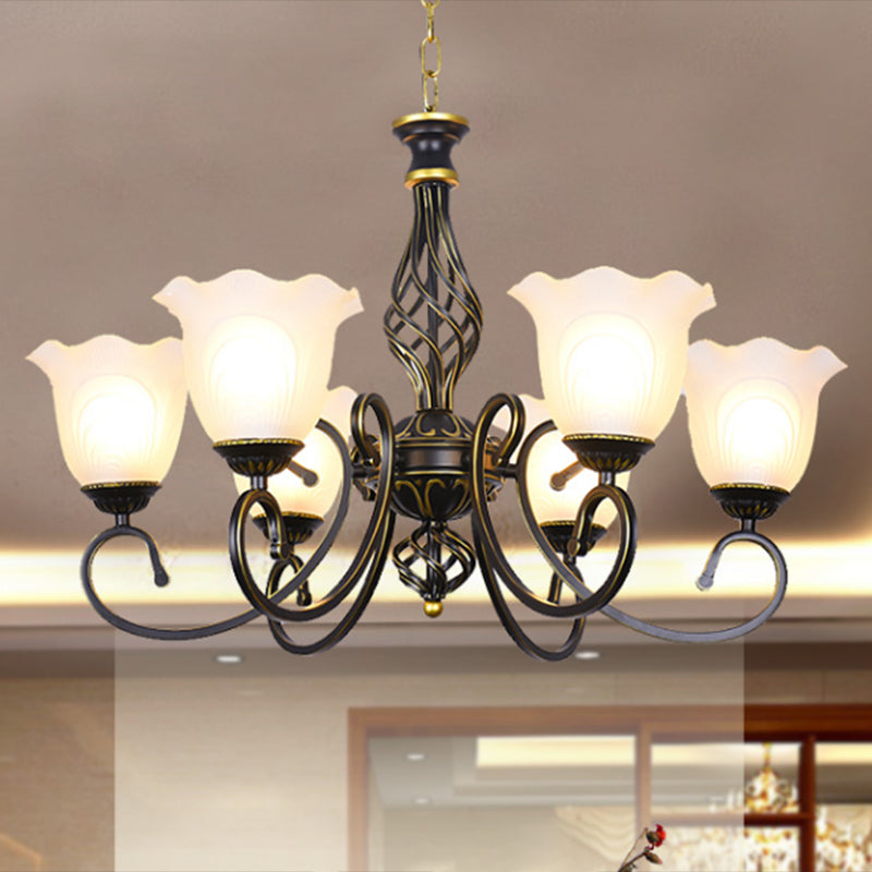 Ruffle Glass Floral Shade Chandelier For Classic Living Room Décor - Pendant Light With Scroll Arm