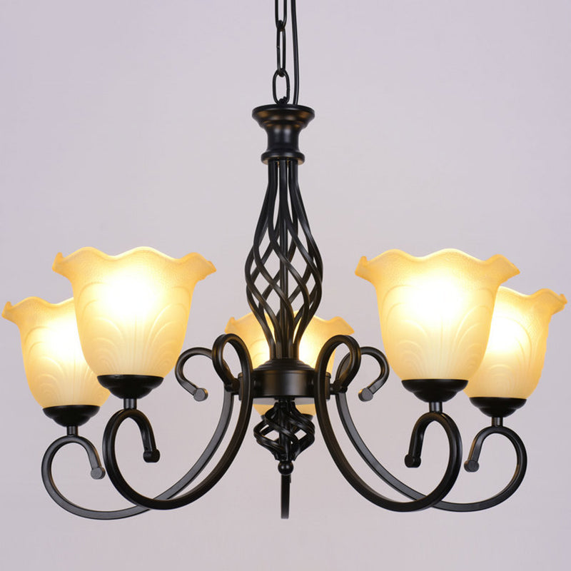 Ruffle Glass Floral Shade Chandelier For Classic Living Room Décor - Pendant Light With Scroll Arm 5