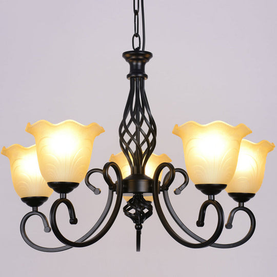 Ruffle Glass Floral Shade Chandelier For Classic Living Room Décor - Pendant Light With Scroll Arm 5
