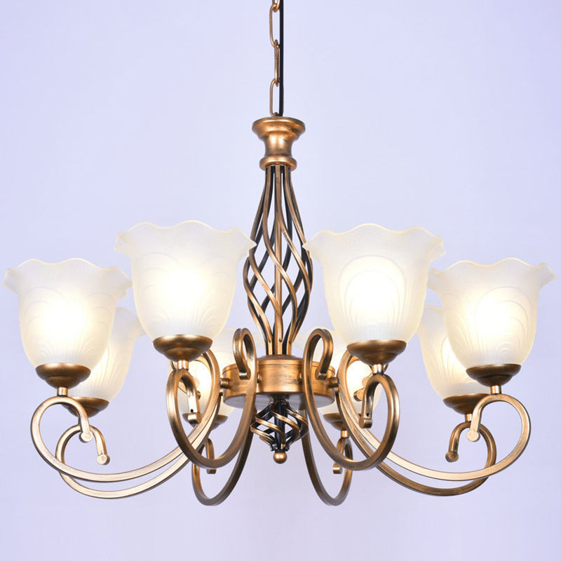 Ruffle Glass Floral Shade Chandelier For Classic Living Room Décor - Pendant Light With Scroll Arm 8