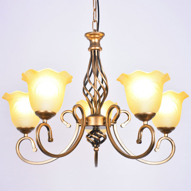 Ruffle Glass Floral Shade Chandelier For Classic Living Room Décor - Pendant Light With Scroll Arm