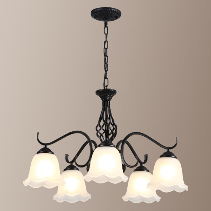 Vintage Bell Chandelier With Ruffle Glass Pendant Light Fixture For Dining Room 5 / Black B
