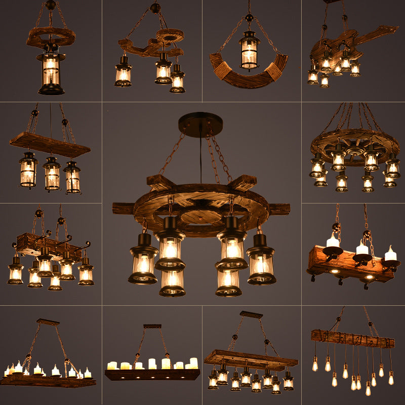 Iron Lantern Chandelier Antique Pendant Lighting For Commercial Restaurants With Wooden Accents