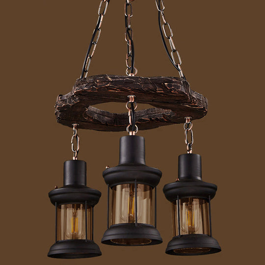 Vintage Distressed Wood Lantern Pendant Light With Clear Glass For Restaurants