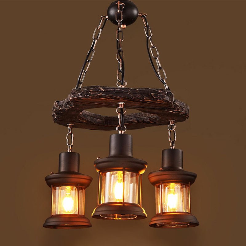 Vintage Distressed Wood Lantern Pendant Light With Clear Glass For Restaurants