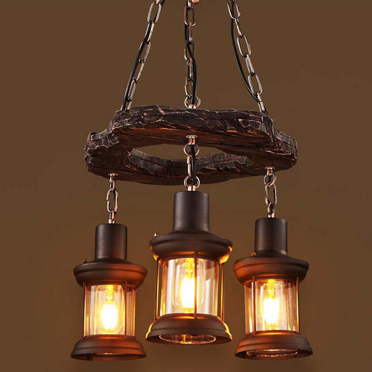 Vintage Distressed Wood Lantern Pendant Light With Clear Glass For Restaurants 3 /