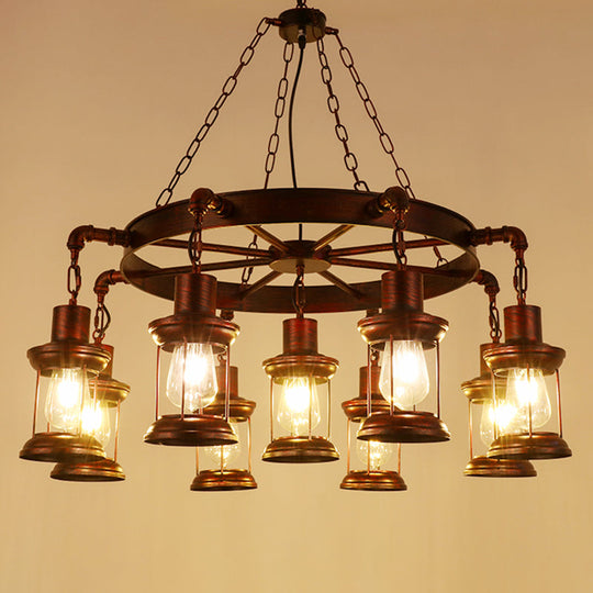Wagon Wheel Chandelier With Clear Glass Shade In Bronze - Industrial Pendant Lighting 9 / C