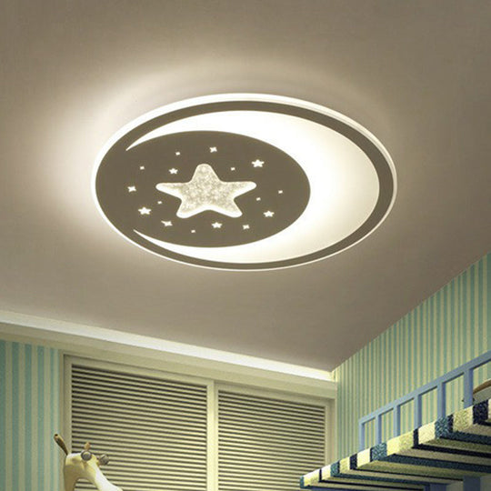 Metallic Led Flush Mount Ceiling Light For Kids Bedroom – Modern White Crescent And Star Design /