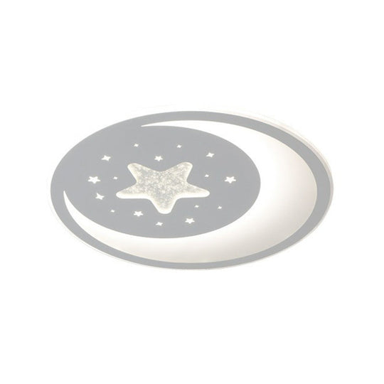 Metallic Led Flush Mount Ceiling Light For Kids Bedroom – Modern White Crescent And Star Design