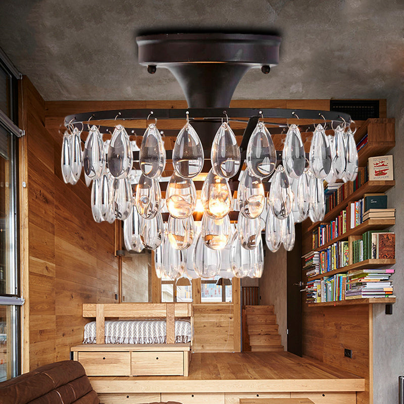 Vintage Teardrop Crystal Semi Flush Mount Light For Living Room Ceiling Black