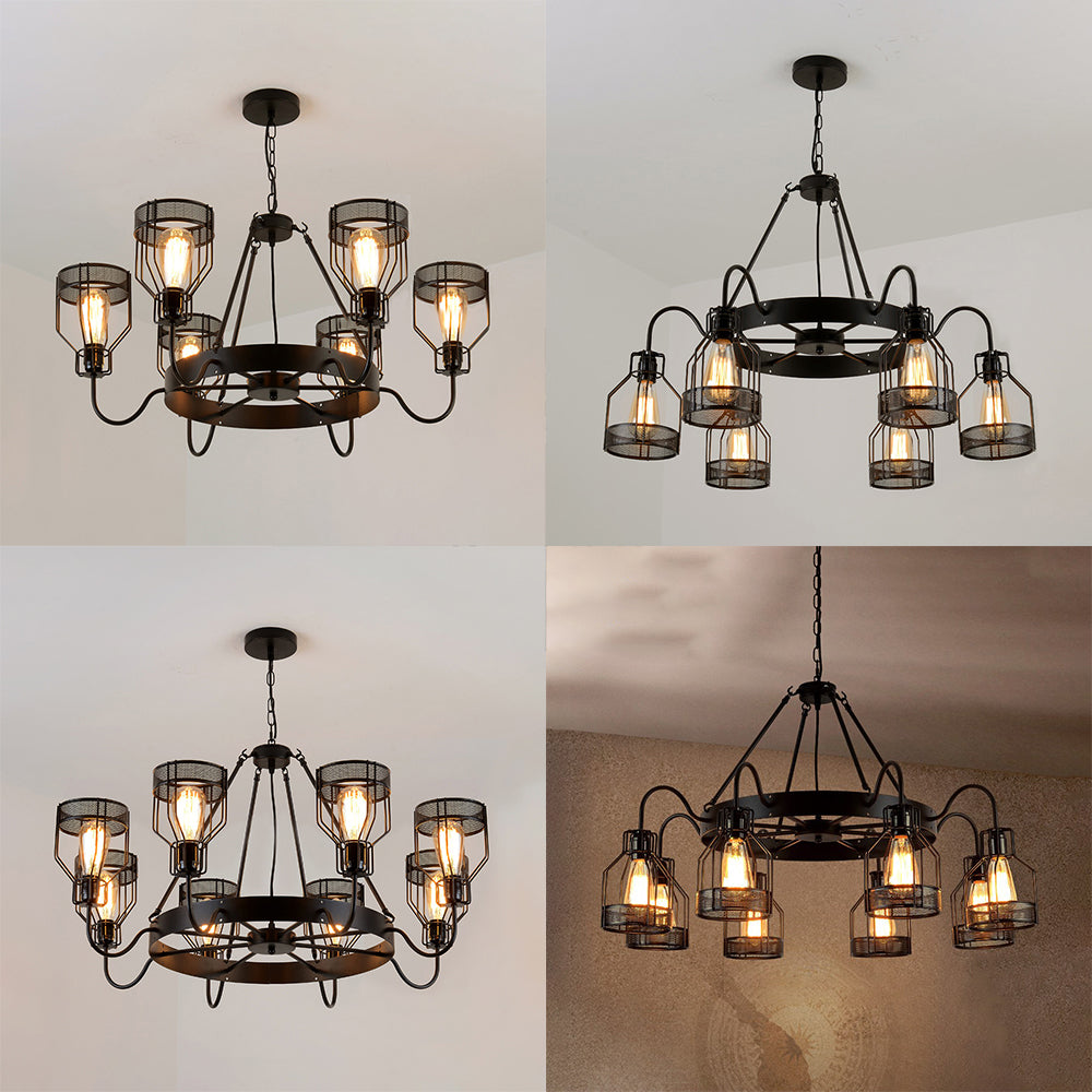 Retro Style 6/8-Light Chandelier With Wire Guard Black Down/Up Ceiling Light And Bell Shade