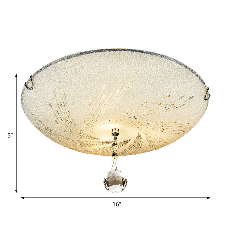 Modern Flush Mount Light With Frosted Glass And Crystal Drop - 3 Lights White Ceiling Fixture