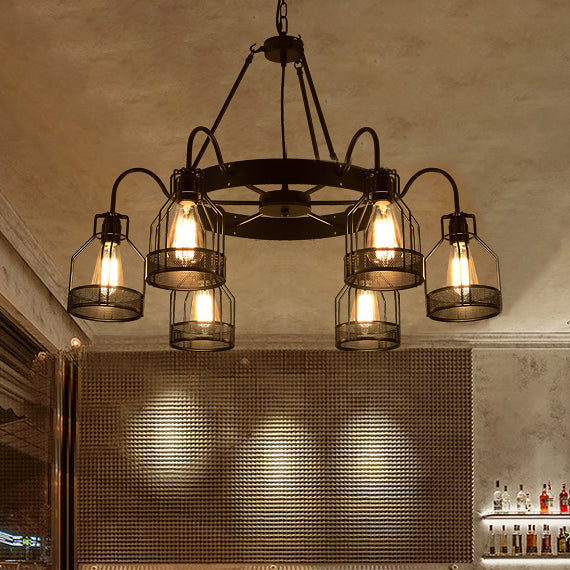 Retro Style 6/8-Light Chandelier With Wire Guard Black Down/Up Ceiling Light And Bell Shade
