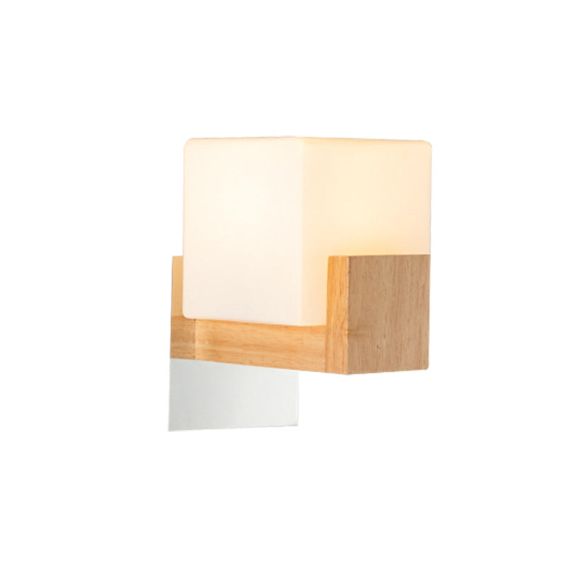 Modern Single Cube Bedside Wall Sconce Lamp With White Glass Shade And Wooden Backplate - Stylish