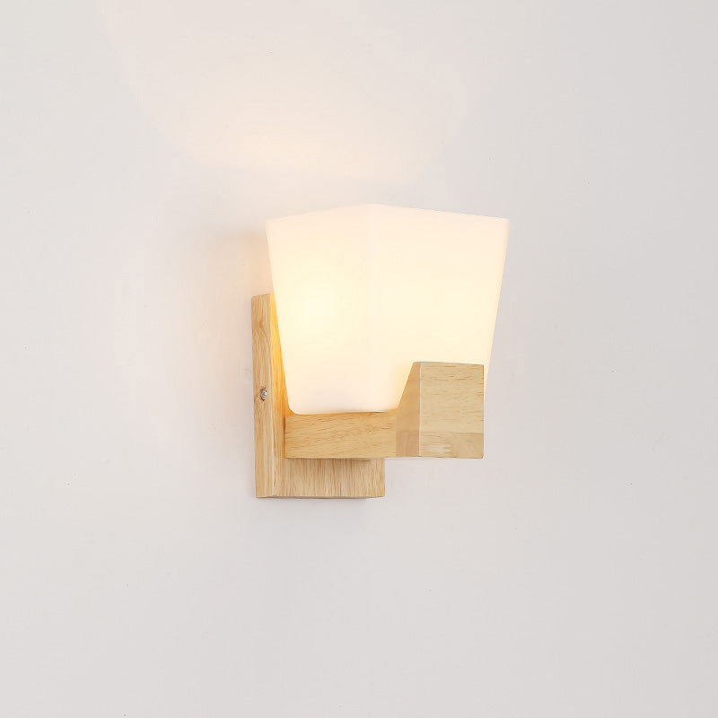 Trapezoid Glass Wall Sconce Light With Wood Backplate - White Bedside Mount