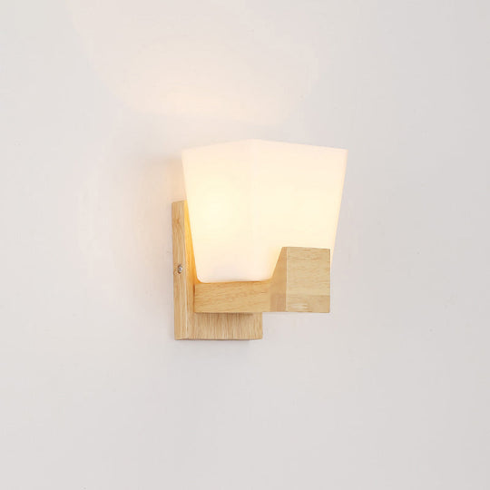 Trapezoid Glass Wall Sconce Light With Wood Backplate - White Bedside Mount