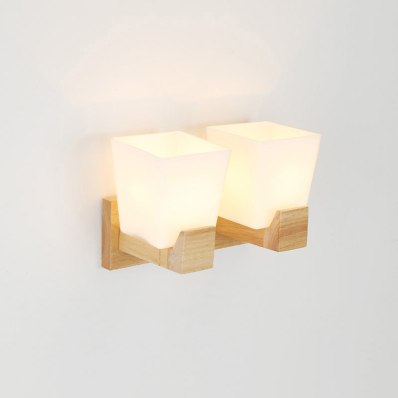 Trapezoid Glass Wall Sconce Light With Wood Backplate - White Bedside Mount