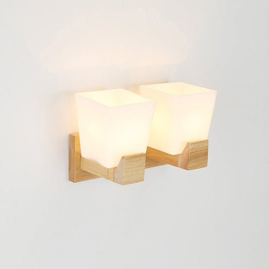 Trapezoid Glass Wall Sconce Light With Wood Backplate - White Bedside Mount