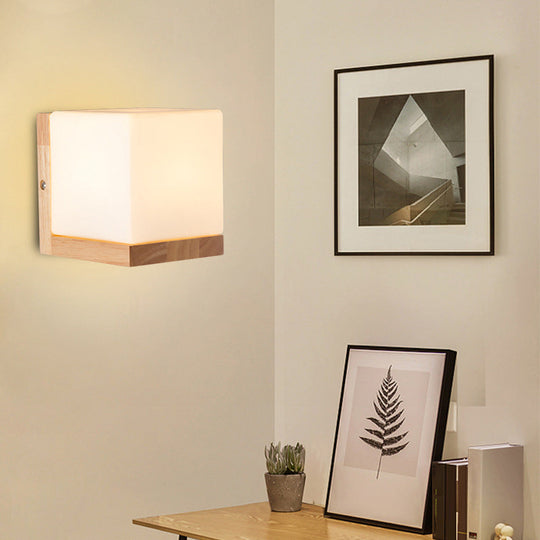 Nordic Style Cube Shaped Sconce Lighting With White Glass Shade - 1-Light Bedside Wall Fixture