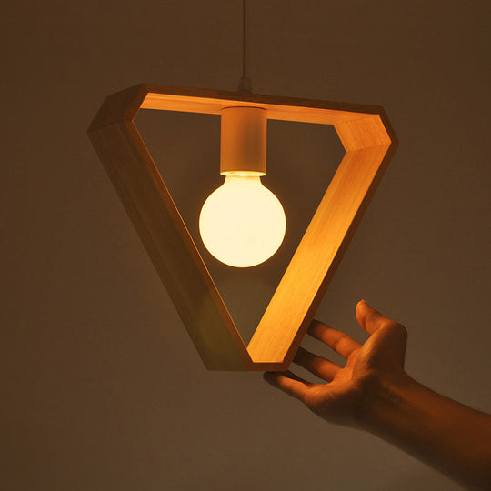 Modern Geometric Pendant Light With Wooden Frame - Single-Bulb Suspension Fixture