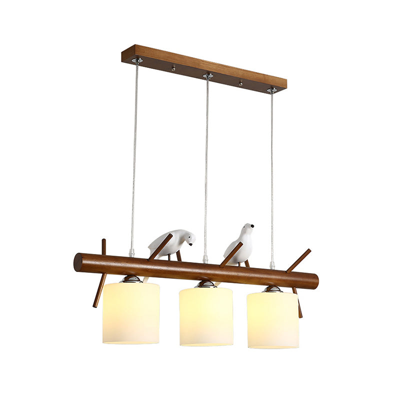 White Glass Led Pendant Light With Resin Bird - Cylinder Restaurant Island Hanging Fixture