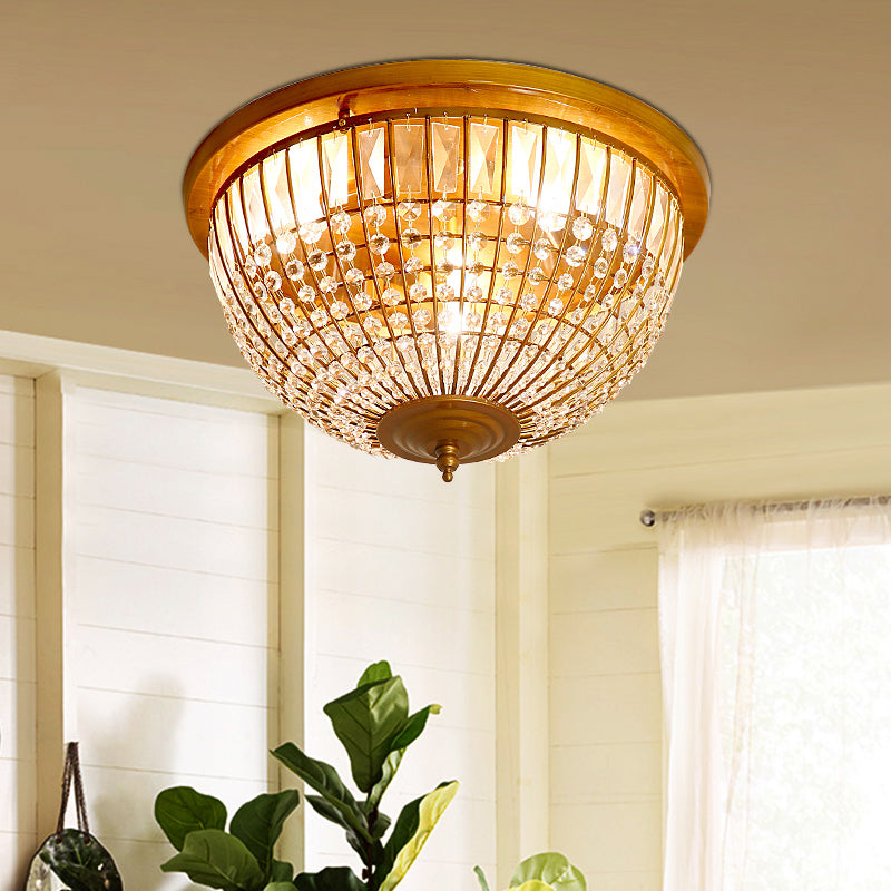 Modern Brass Flush Mount With Crystal Dome Shade - 3 Light Hallway Ceiling Fixture 14/18 Wide