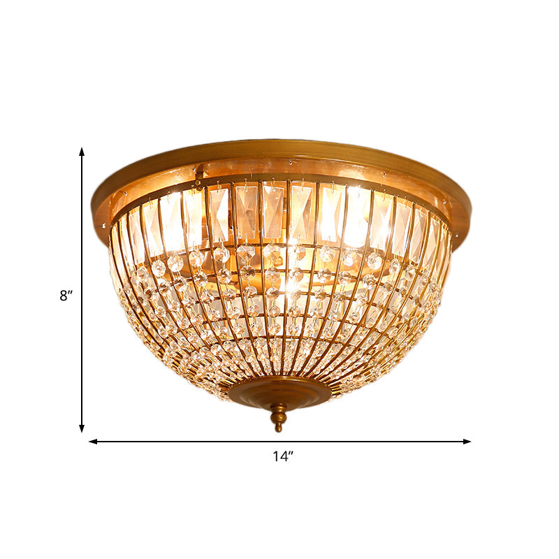 Modern Brass Flush Mount With Crystal Dome Shade - 3 Light Hallway Ceiling Fixture 14’/18’ Wide