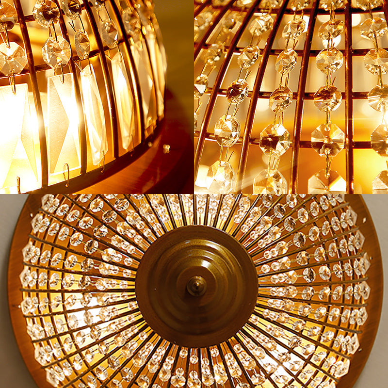 Modern Brass Flush Mount With Crystal Dome Shade - 3 Light Hallway Ceiling Fixture 14’/18’ Wide