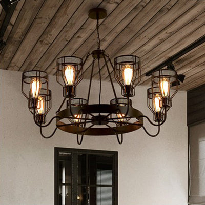 Retro Style 6/8-Light Chandelier With Wire Guard Black Down/Up Ceiling Light And Bell Shade