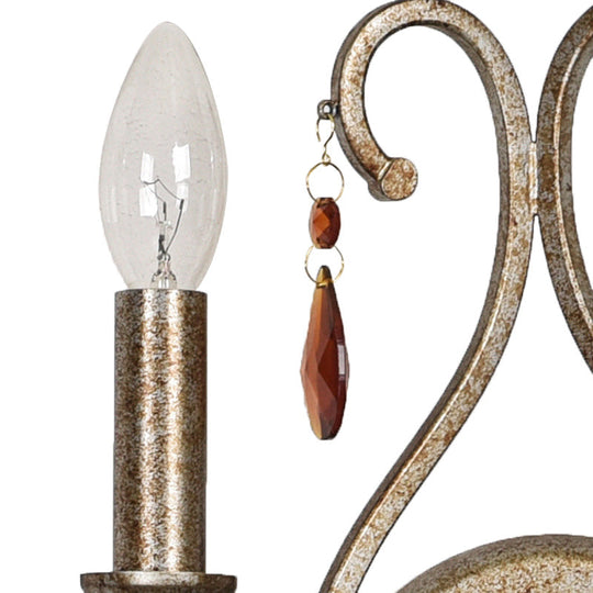 French Country Iron Candle Wall Sconce With Crystal Deco - Aged Silver 2-Light Fixture