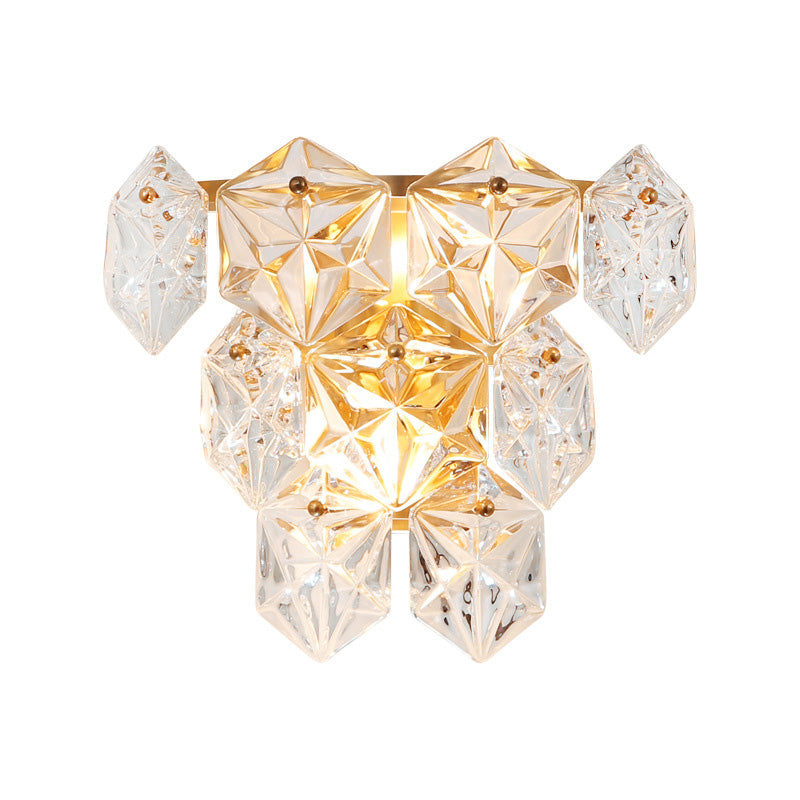 Modern Clear Crystal Hexagon Wall Light With Brass Finish - 2 Lights 8.5/12.5 Width Perfect For