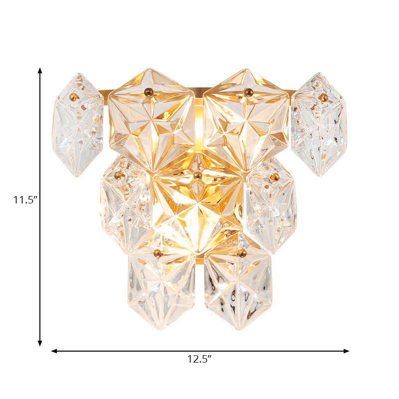 Modern Clear Crystal Hexagon Wall Light With Brass Finish - 2 Lights 8.5/12.5 Width Perfect For