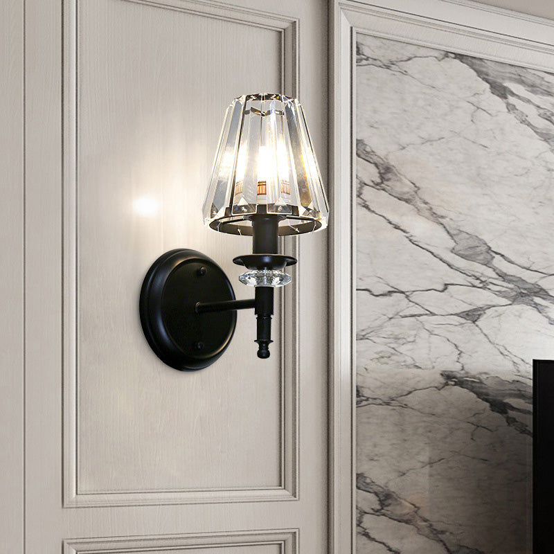 Contemporary Clear Crystal Cone Wall Mount Light - 1-Bulb Black Finish Lamp For Bedroom / A