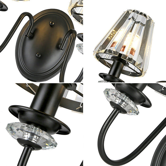 Contemporary Clear Crystal Cone Wall Mount Light - 1-Bulb Black Finish Lamp For Bedroom