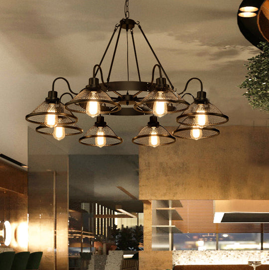 Industrial Black Wire Mesh Chandelier - 6/8-Light Flared Ceiling Light For Restaurant